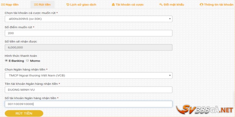 Bet thủ cần làm theo hướng dẫn rút tiền SV388